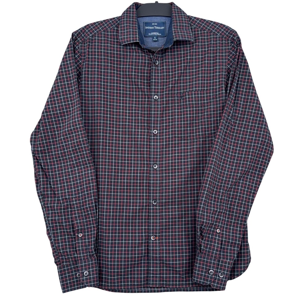 Indian‎ Terrain Plaid Button Down Mens S 100% Cotton Black Red Grey